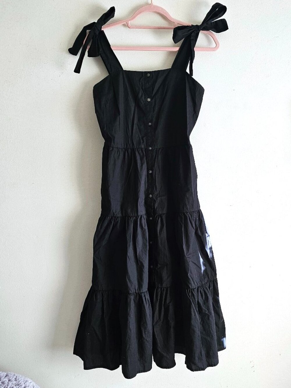 Who What Wear Tiered Midi Dress Sundress Bow Shoulder Straps Cotton XS Black